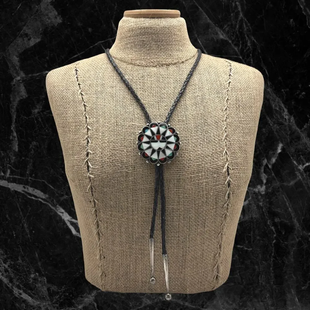 1950s Native American ZUNI Sterling Silver Multi-Stone Inlay Sunface Bolo Tie